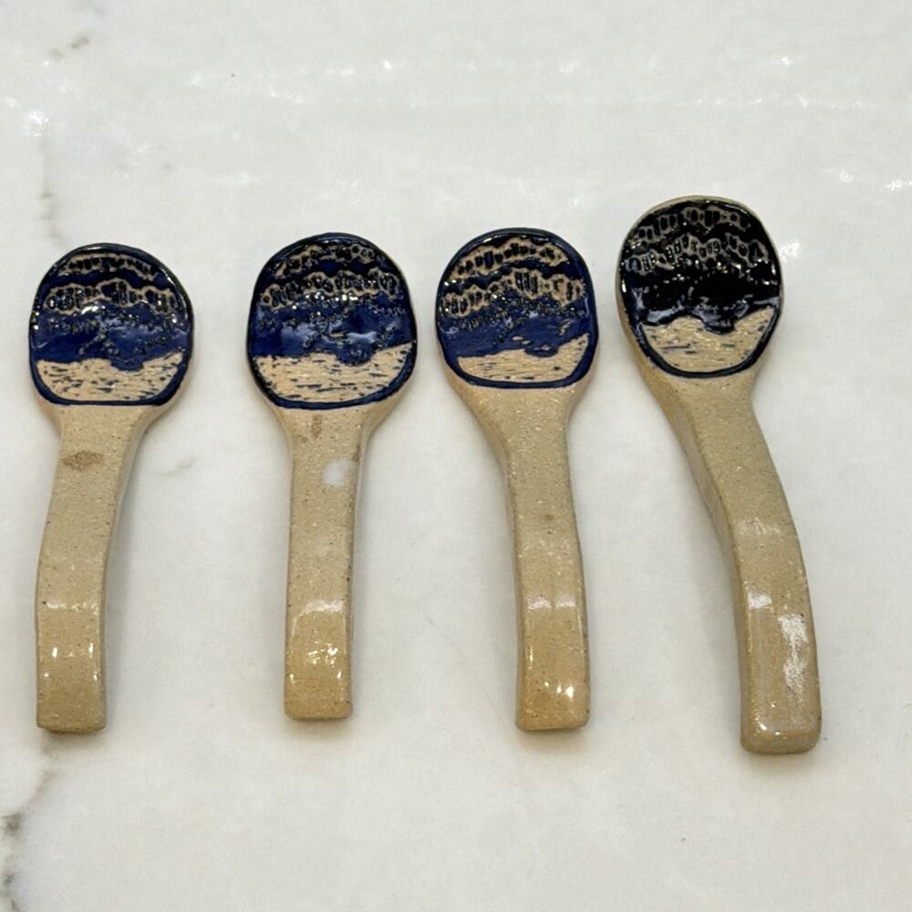 Sylvia Lawson NC Pottery Blue Sgrafitto Small Spoons Signed Pilot Mountain 1993